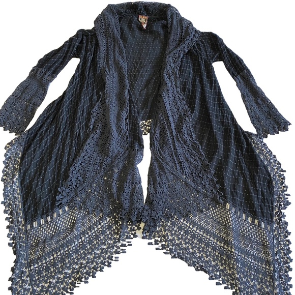 JOHNNY WAS Antoinette Crochet Jacket Blue Waterfall Cardigan Eyelet Boho S EUC - Picture 3 of 14